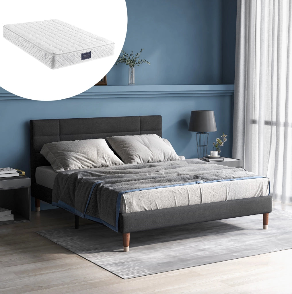 Letto imbottito matrimoniale 140x200 cm con contenitore e rete a doghe, struttura in lino grigio con testiera alta