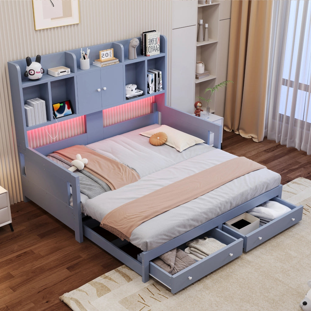 Letto estraibile in legno grigio con cassetti vani contenitore prese integrate e illuminazione LED