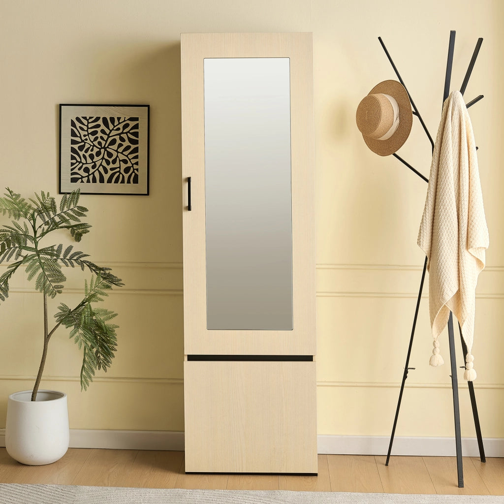 Armadio Guardaroba Stretto con Specchio e Asta Appendiabiti Estraibile in Metallo; Mobile Ingresso Salvaspazio in MDF; 54x34.5x179.5 cm; Colore Legno