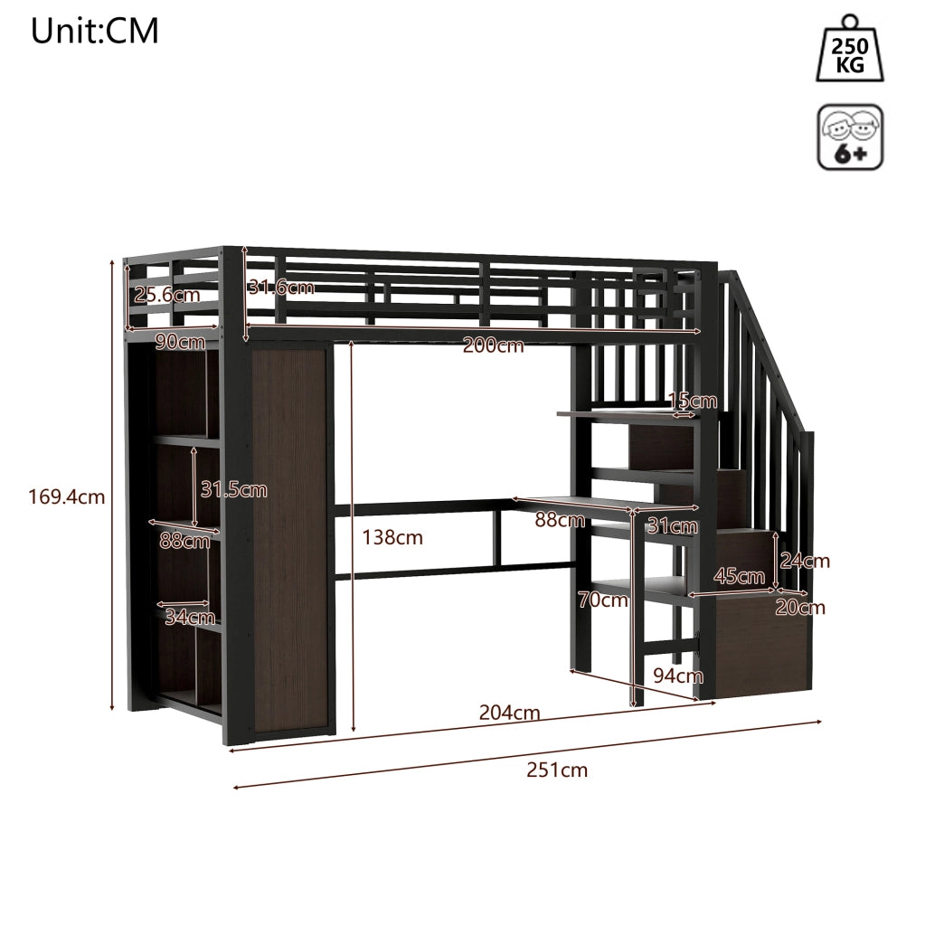 Letto a soppalco 90 x 200 cm con scrivania, ripiani e LED nero