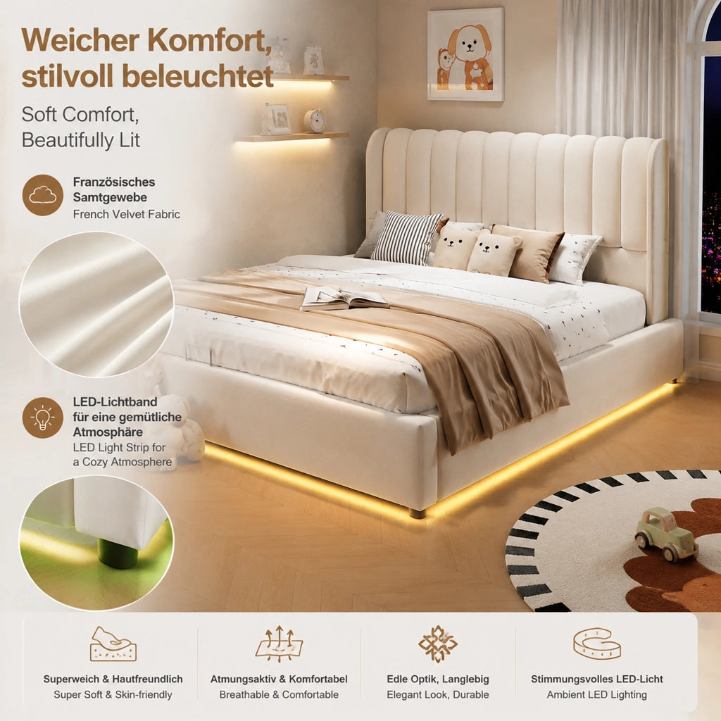 Letto per bambini imbottito 140 × 200 cm con vano contenitore idraulico 3 cassetti velluto beige LED