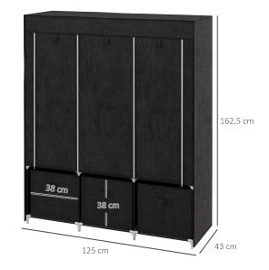 Armadio pieghevole in tessuto non tessuto con 3 cassetti, 125 x 43 x 162,5 cm, nero