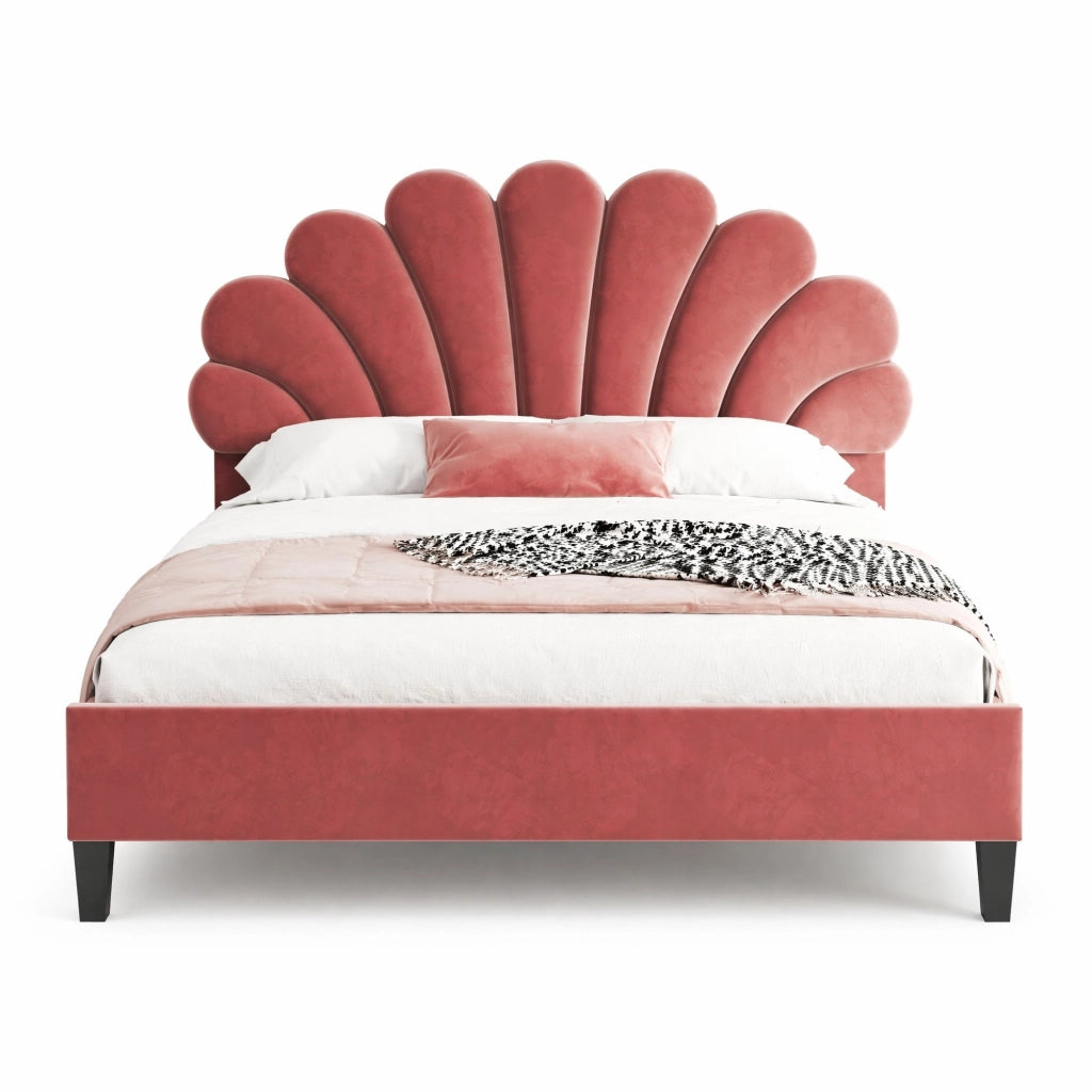 Letto matrimoniale imbottito 140 x 200 cm con testiera floreale; tessuto effetto velluto rosso fagiolo