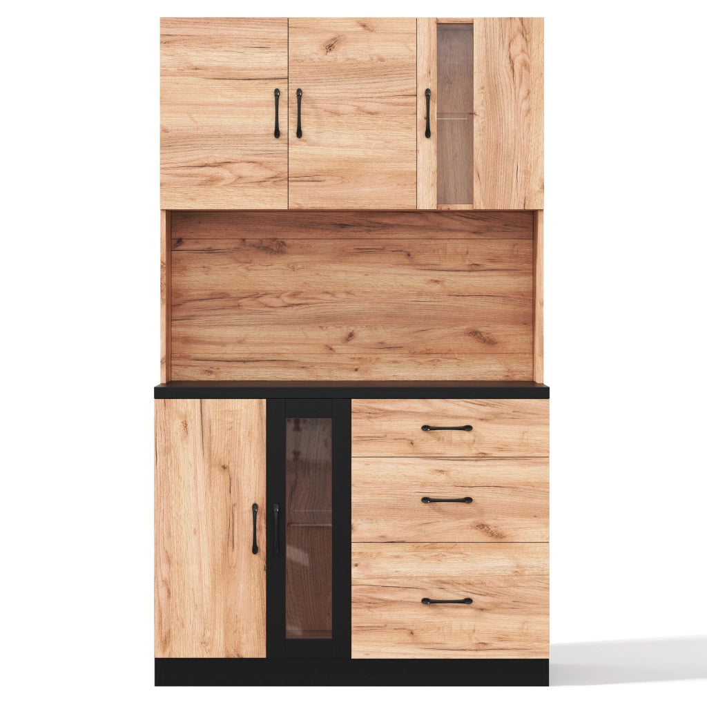 Credenza da cucina alta con 3 cassetti, vetrine, ripiani regolabili, LED e prese, MDF nero, 105 × 40 × 180 cm