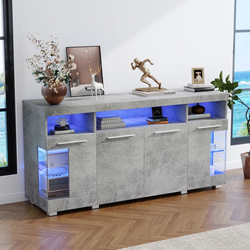 Credenza LED con 3 cassetti e 6 vani, ante in vetro temperato, per soggiorno, grigio cemento, 140 × 40 × 70 cm