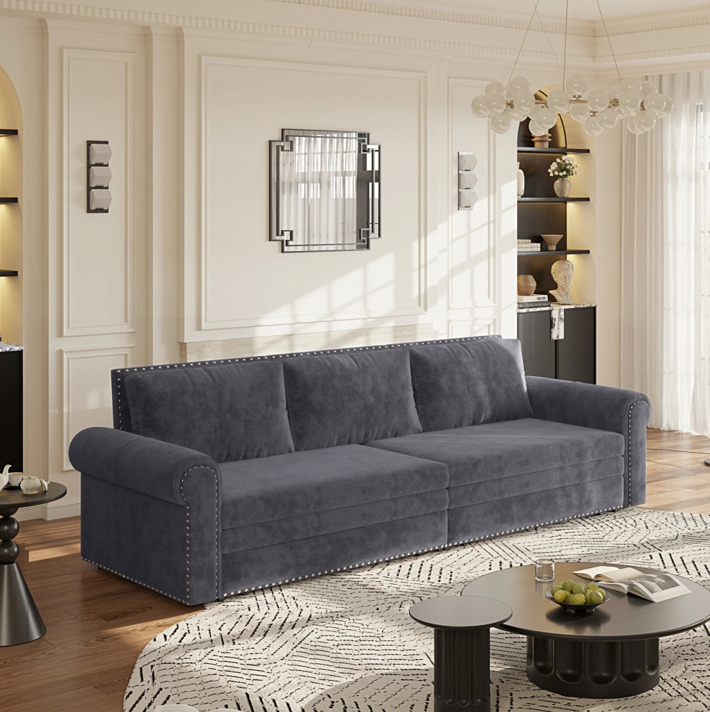 Divano letto estraibile ULEVR 238 cm 3 in 1 con schienali regolabili, velluto grigio e braccioli arrotondati