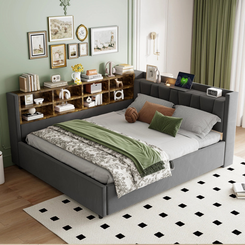 Letto imbottito 140x200 cm in velluto grigio scuro con contenitore idraulico, USB e Type-C