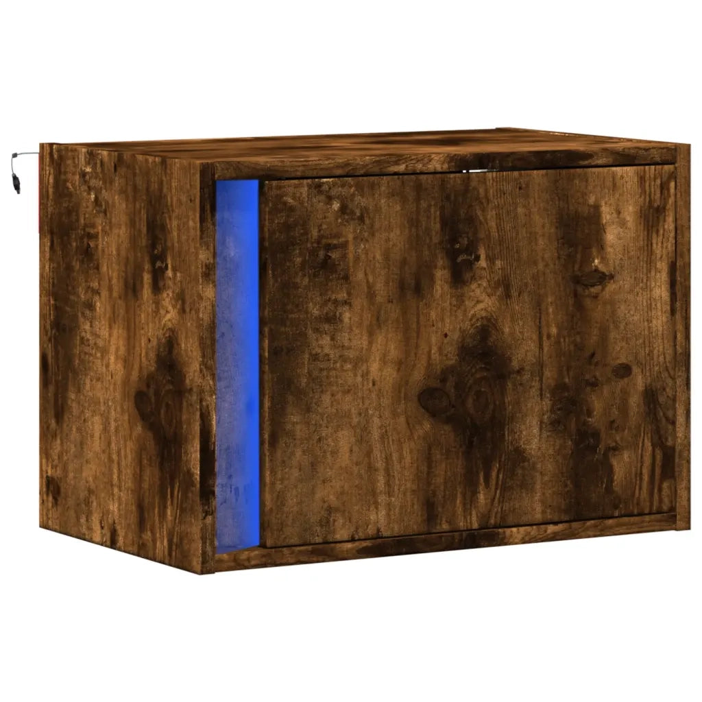Comodino | Armadio da Notte | Mobiletto da notte a Parete con luci LED Rovere Fumo
