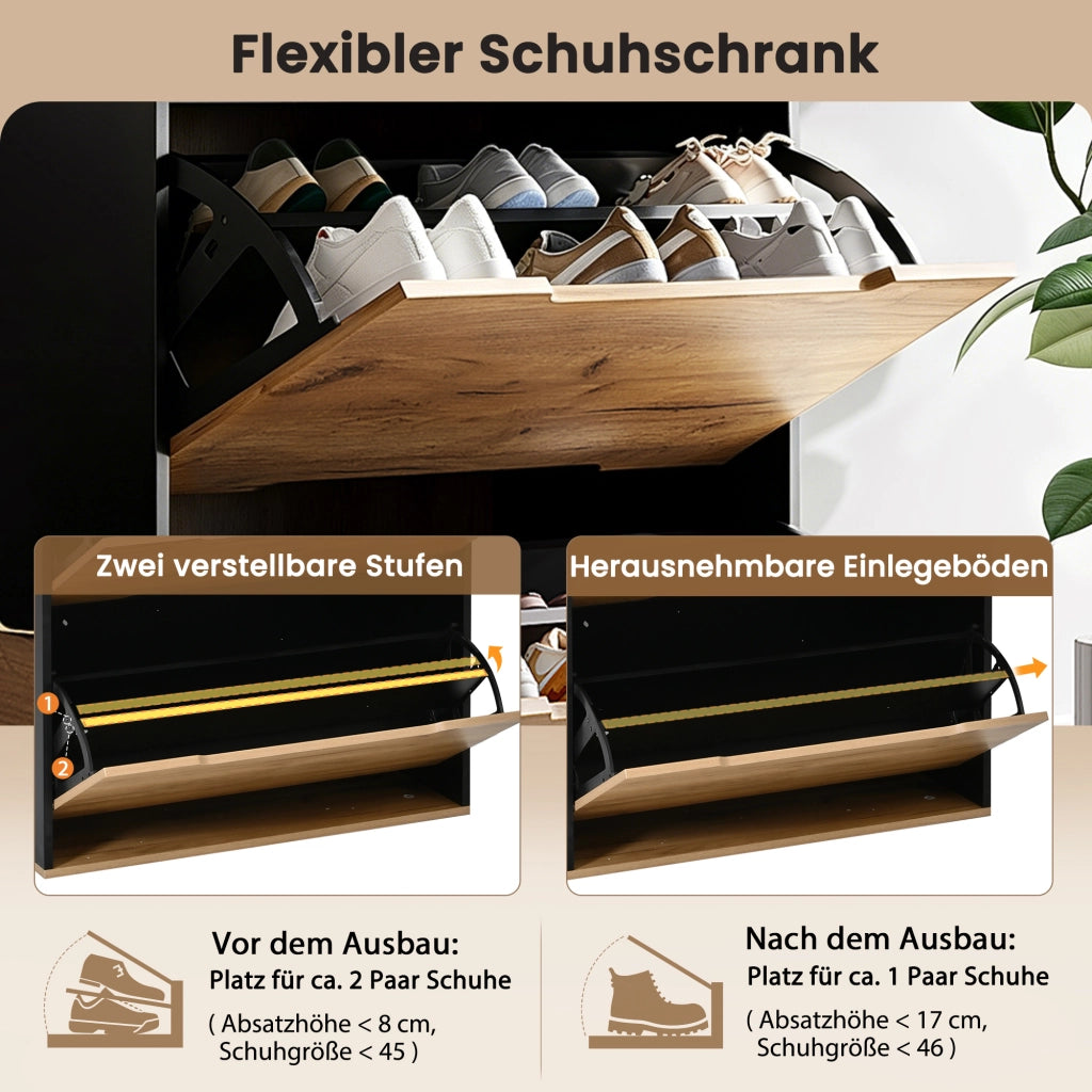 Set guardaroba con armadio, cassetto, specchio, 2 scarpiera, cappelliera e 4 ganci, scarpiera con panca, nero e legno, 156 x 36 x 176 cm