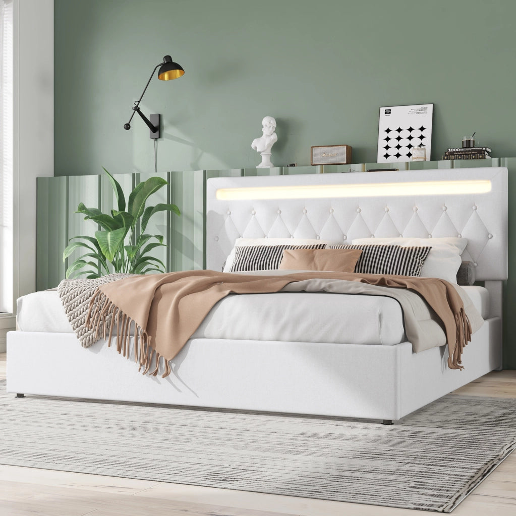 Letto imbottito 180x200 cm con contenitore, sollevamento idraulico, LED e USB, bianco