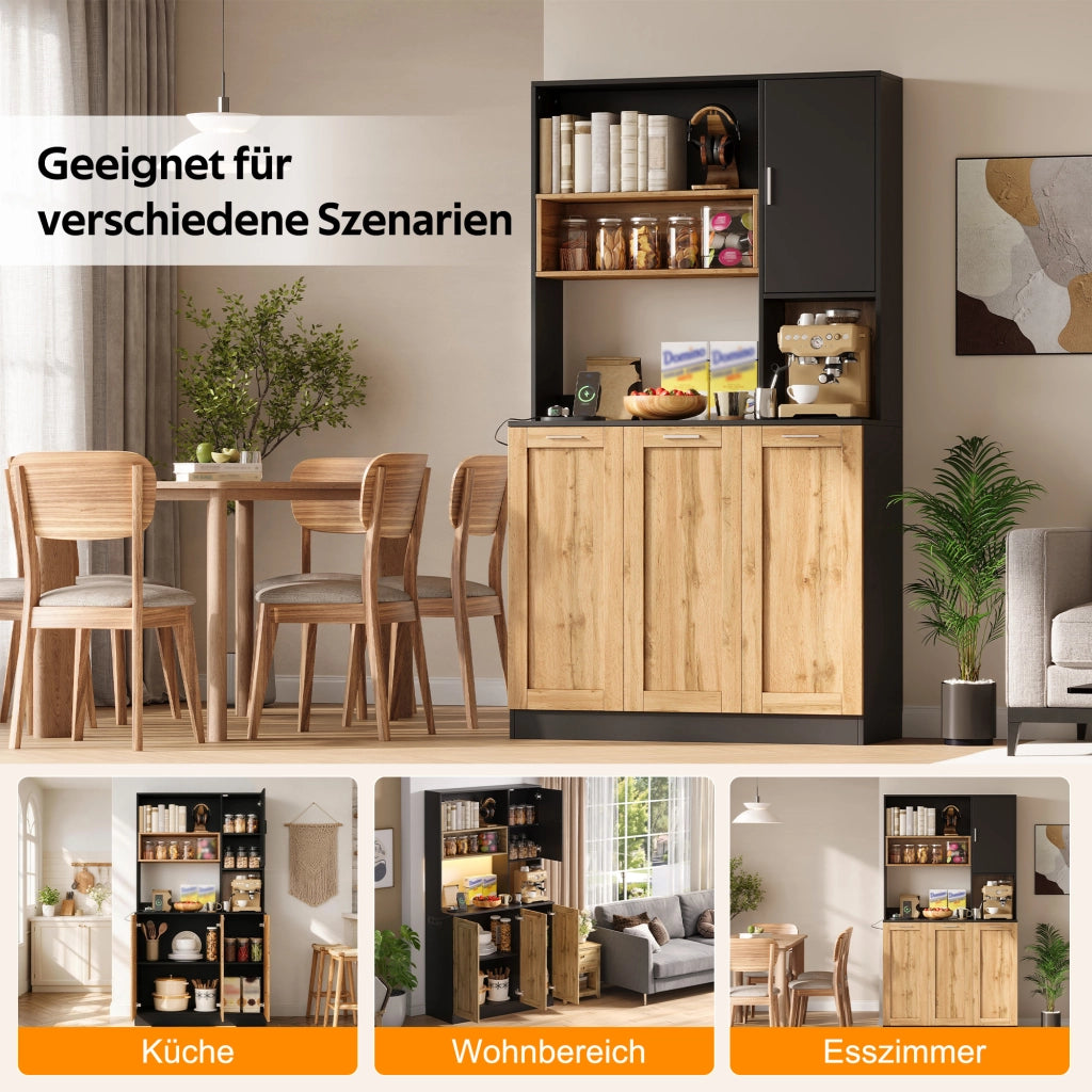 Mobile colonna cucina con LED RGB prese e ripiani regolabili MDF naturale e nero 100 × 40 × 180 cm