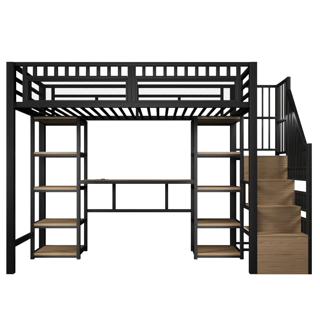 Letto a soppalco 90x200 cm con scrivania, LED e USB in metallo e MDF nero