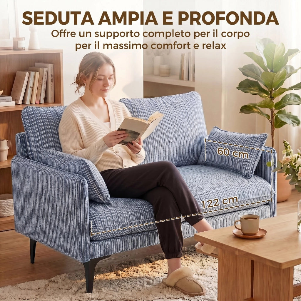 Divano 2 Posti 131x78x83 cm con Braccioli Imbottitura Spessa e 2 Cuscini in Tessuto Blu