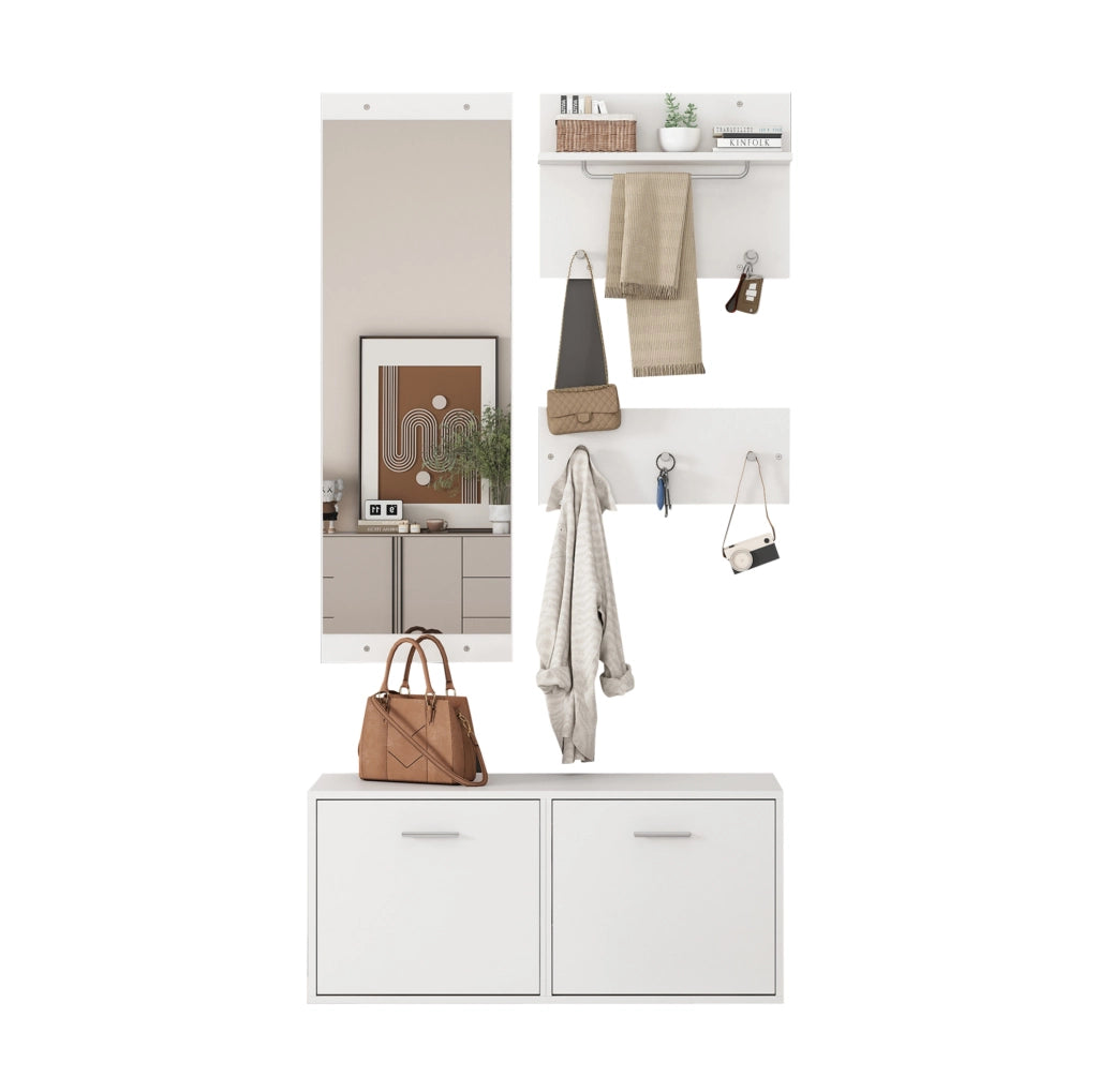 Set guardaroba da ingresso a 4 pezzi con specchio e mobile scarpe bianco