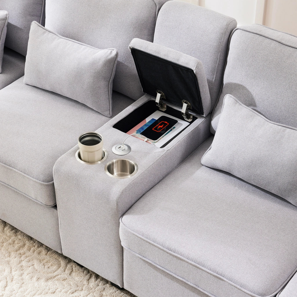 Divano 4 posti 290x83x88 cm con console, porta USB e portabicchieri in tessuto grigio effetto lino