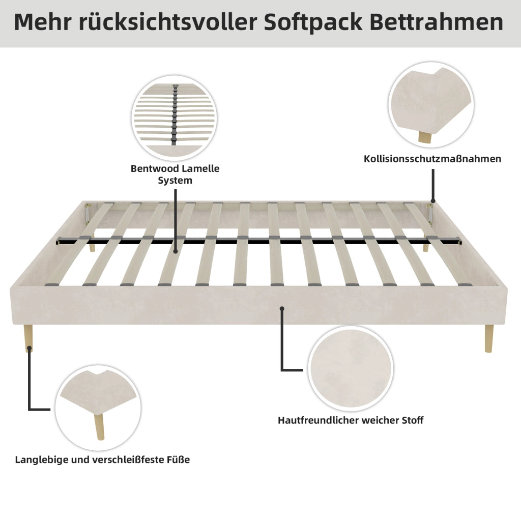 Letto matrimoniale 160 × 200 cm con testiera alta e spazio sottoletto, senza materasso, in velluto beige