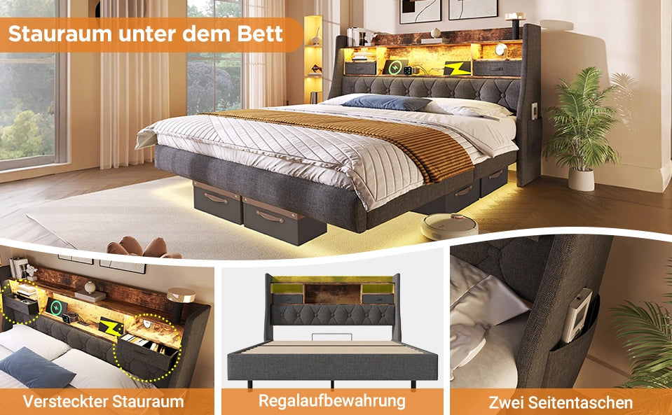 Letto imbottito 160x200 cm con illuminazione LED, testiera con stazione di ricarica USB e Type-C, struttura in lino grigio, senza materasso
