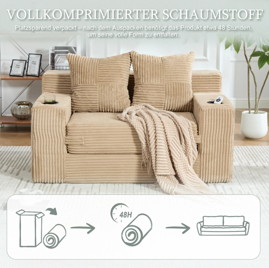 DIVANO Pouf 151x133x64 cm in Velluto a Coste Khaki con Tasche Laterali