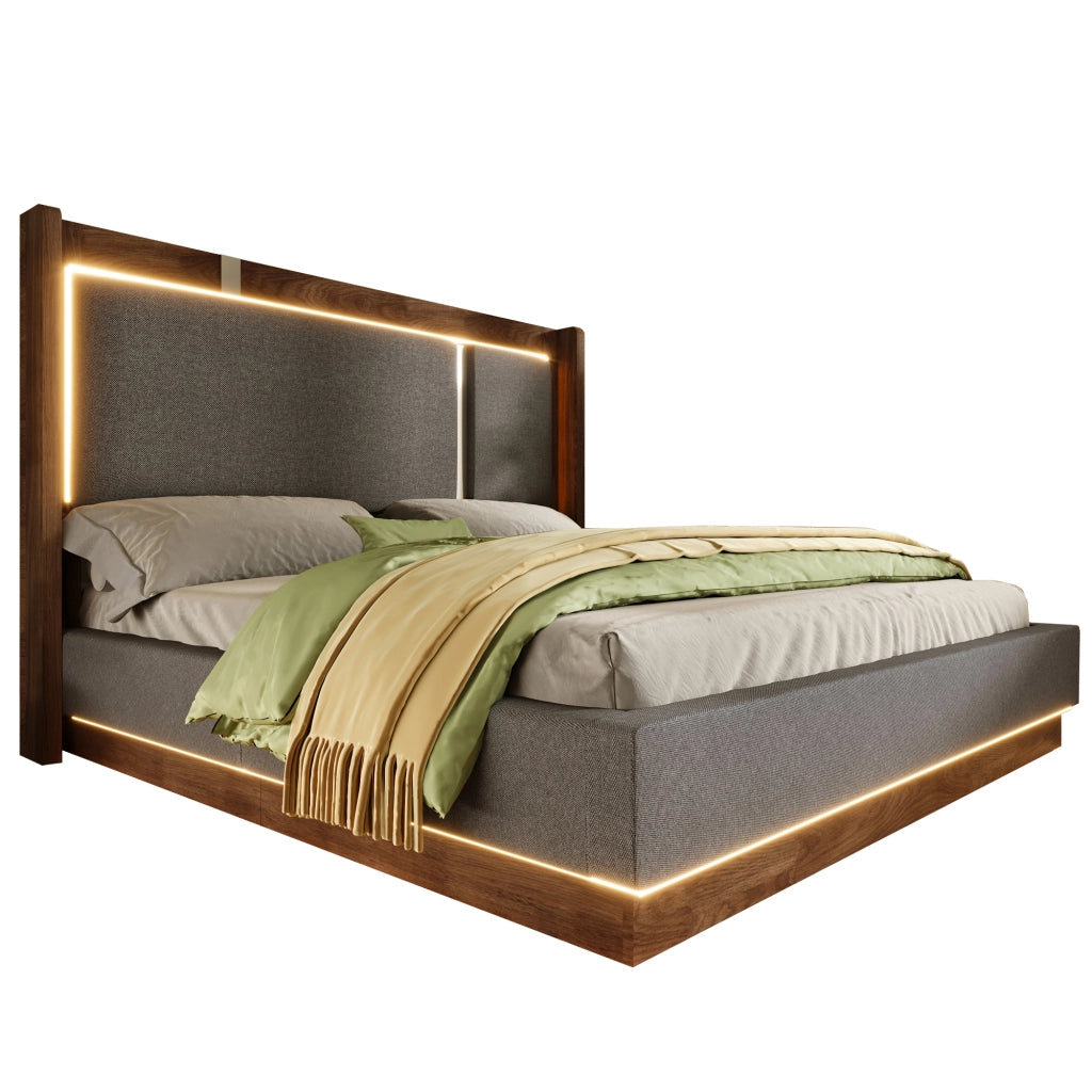 Letto matrimoniale 140 × 200 cm con contenitore idraulico; LED regolabile; senza materasso; grigio e noce