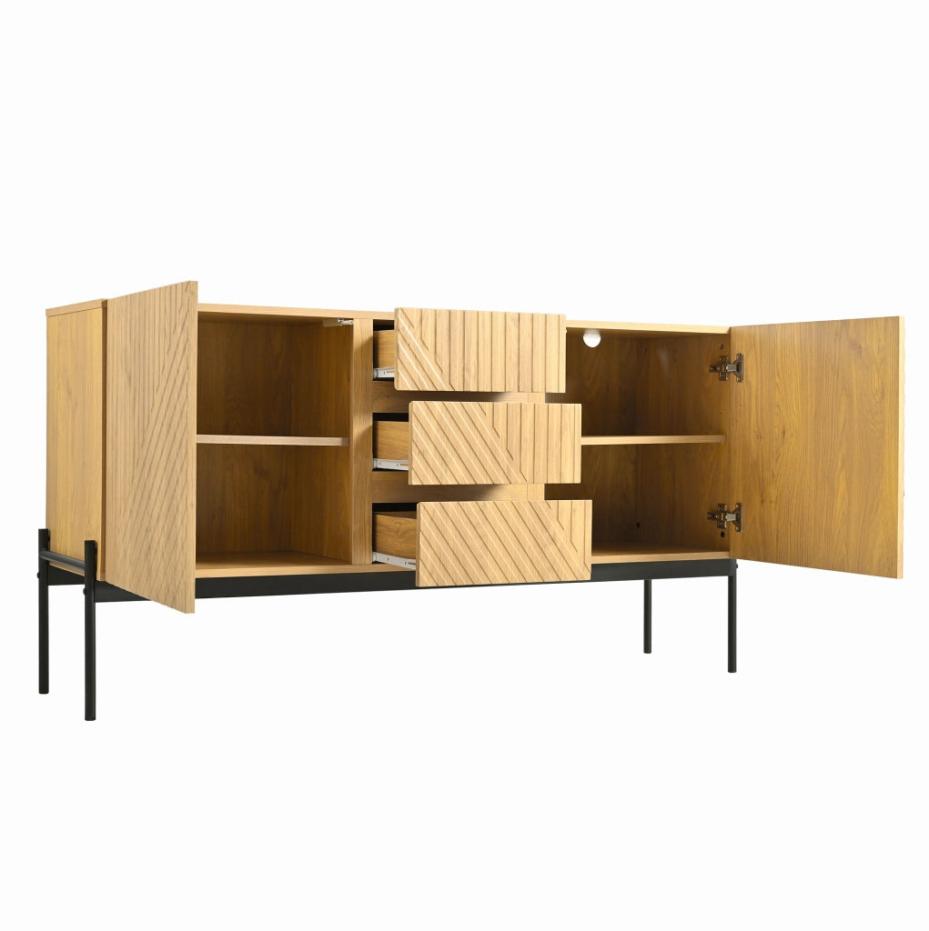 Credenza con 2 ante e 3 cassetti, gambe in metallo, mobile TV, buffet con design a linee, dimensioni H75 x L140 x P40 cm, colore naturale