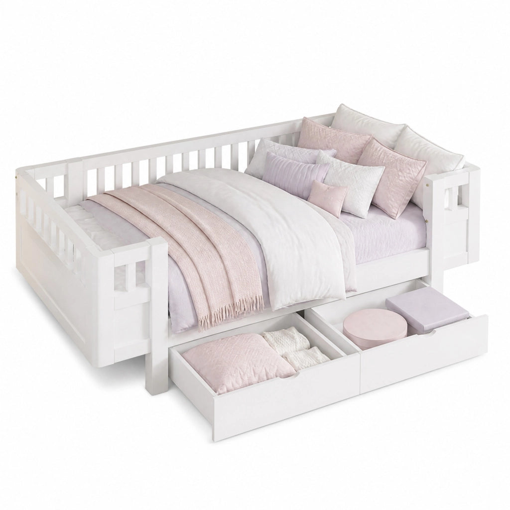 LETTO Piattaforma 90x200 cm con Sponde Alte e 2 Cassetti Bianco