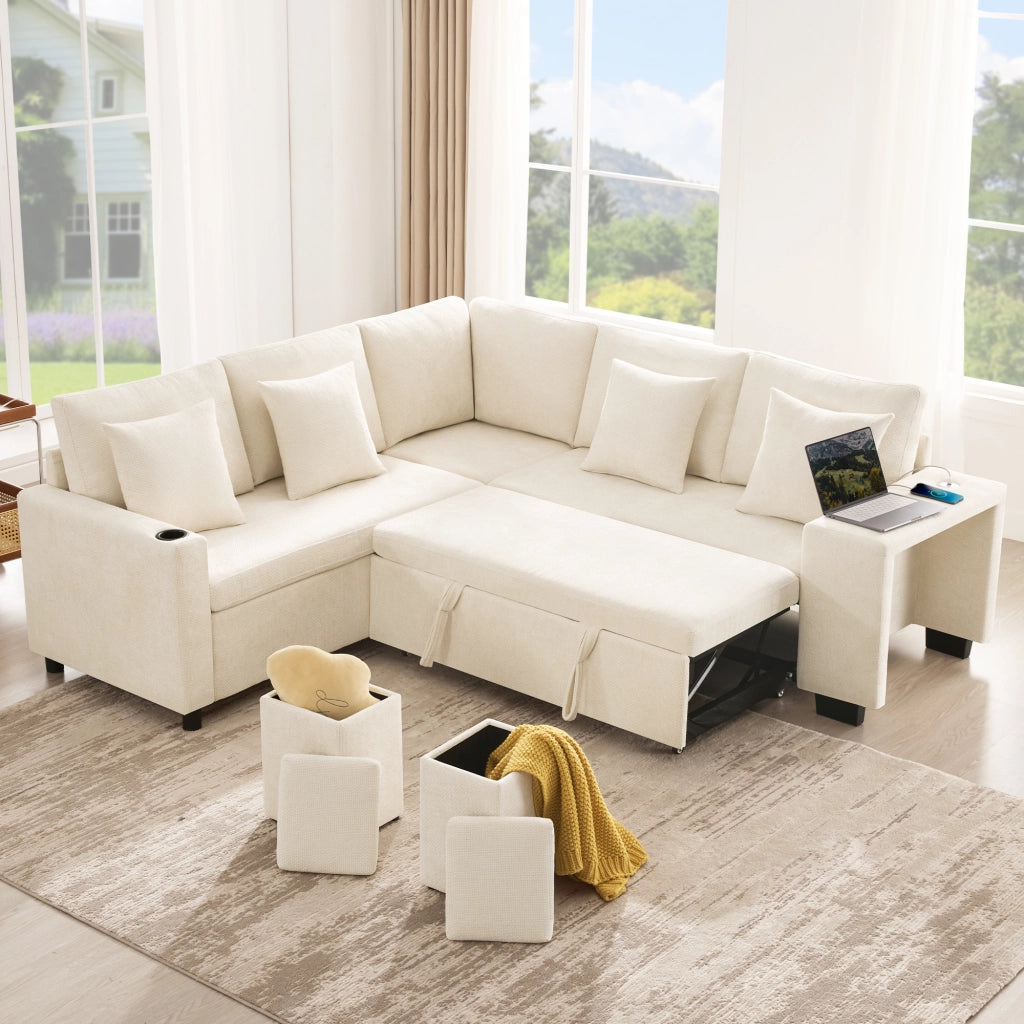 Divano letto angolare modulare a 5 posti in ciniglia beige con chaise longue reversibile vano contenitore e porte USB