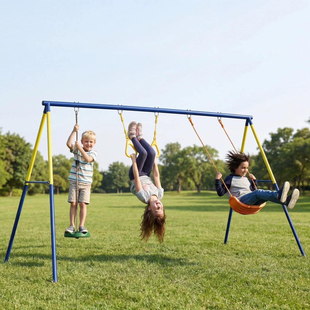 Altalena 3 in 1 per bambini con anelli ginnastica e sedile classico ¨C Xylo ¨C struttura metallo 285x160x181 cm