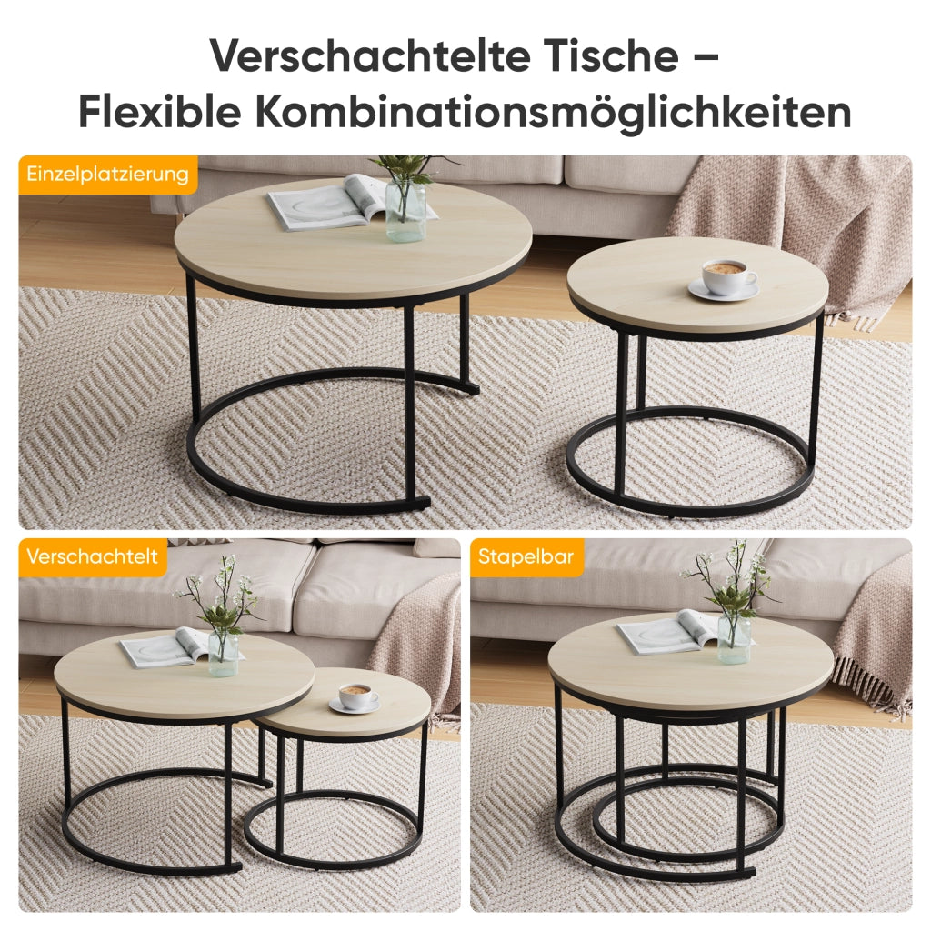 Tavolini bassi a incastro rotondi in truciolare color rovere con gambe in metallo 70 × 70 × 45 cm
