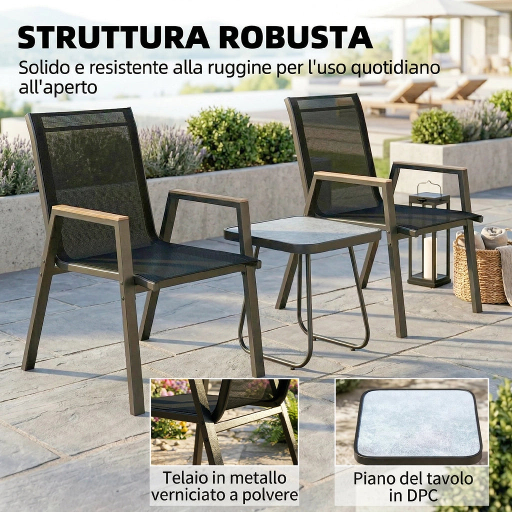 Set 3 Pezzi Bistrò da Esterno 2 Sedie e Tavolino in Metallo DPC e Texteline Nero