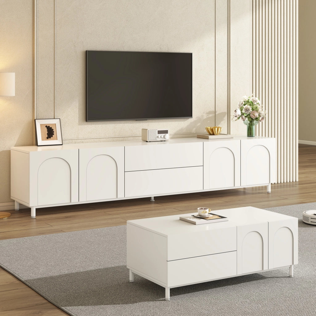 Set di mobili da soggiorno con mobile TV e tavolino; ante ad arco; cassetti e piedi in acciaio; bianco