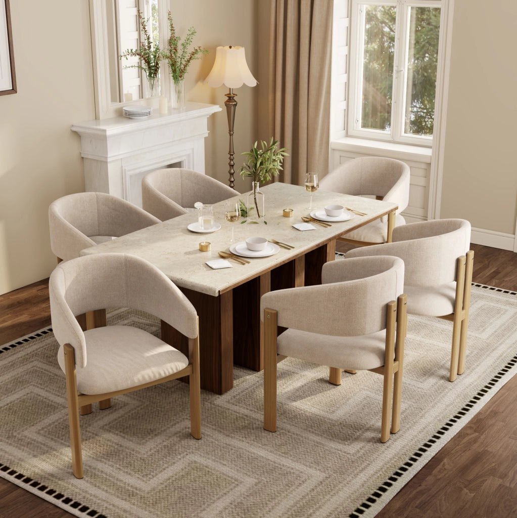 Set 4 sedie da pranzo con braccioli in metallo effetto legno e lino beige HOMVRA