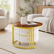 Set di 2 tavolini rotondi con 2 cassetti, bianco e oro