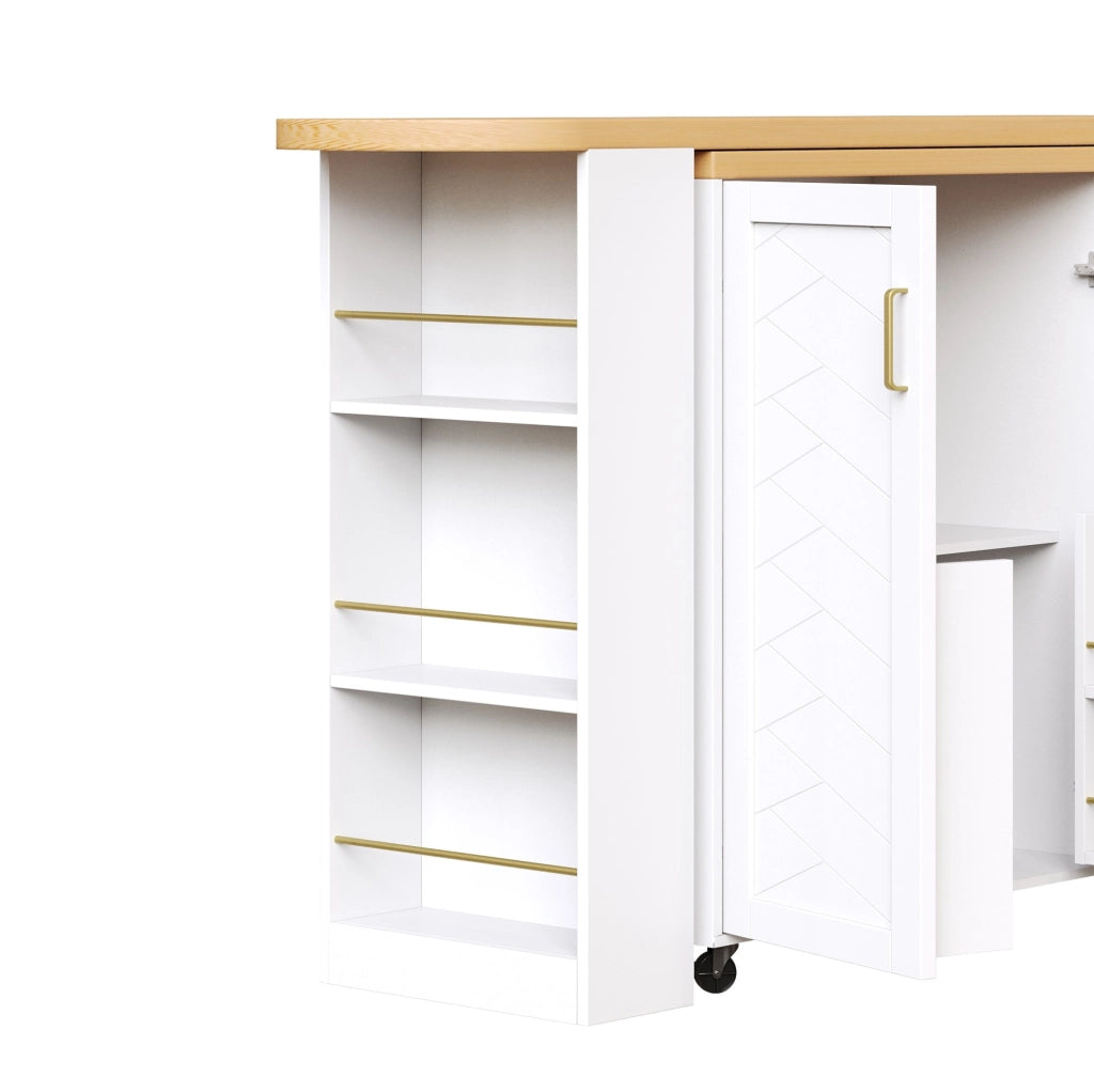Carrello Bar allungabile con 2 Ante, 3 Cassetti e Piano in Effetto Legno, bianco/nero, 135-228x39x104 cm, con ruote