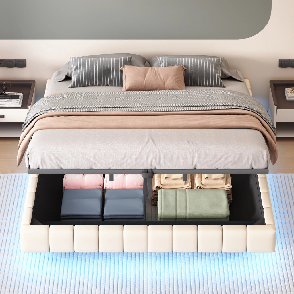 Letto contenitore matrimoniale 180×200 cm con LED; struttura sospesa; senza testiera; senza materasso; beige