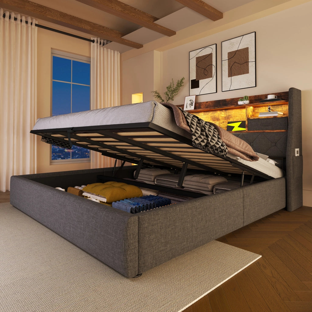 Letto matrimoniale 180 × 200 cm 2 posti con contenitore idraulico; LED; 3 USB e Type-C; senza materasso; in lino grigio
