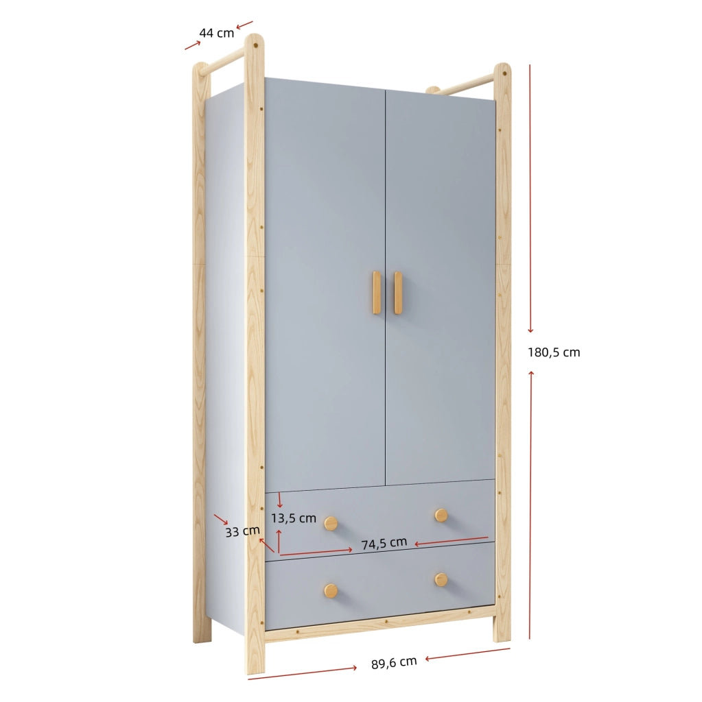 Armadio 2 ante con appendiabiti e 2 cassetti, struttura in truciolato blu, telaio in pino, 90x45x180 cm
