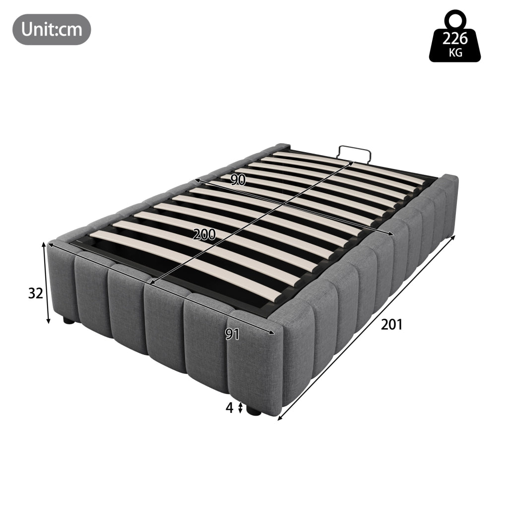 Letto imbottito 90 × 200 cm con contenitore idraulico; senza testiera né materasso; grigio
