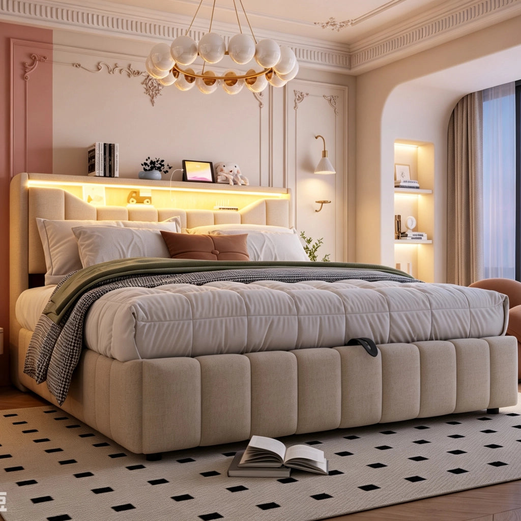 Letto contenitore imbottito 180x200 cm con LED, ricarica USB e USB-C, testiera con vano, beige