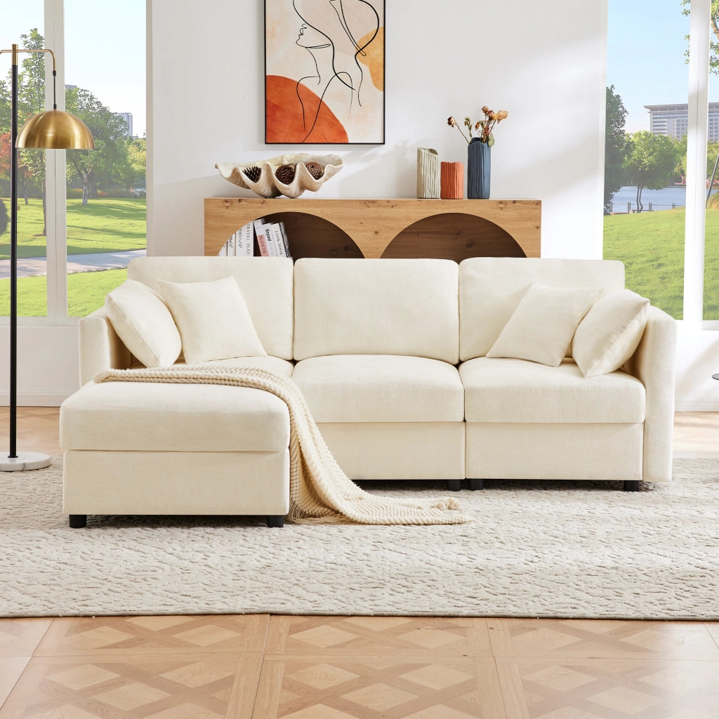 Divano angolare 218x156,5 cm con pouf e braccioli regolabili in ciniglia beige