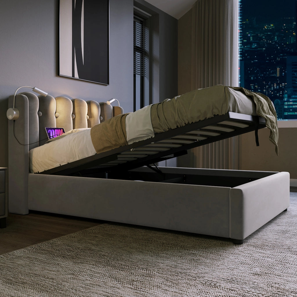 Letto singolo contenitore 90 × 200 cm in velluto grigio con luce da lettura usb testiera e rete a doghe