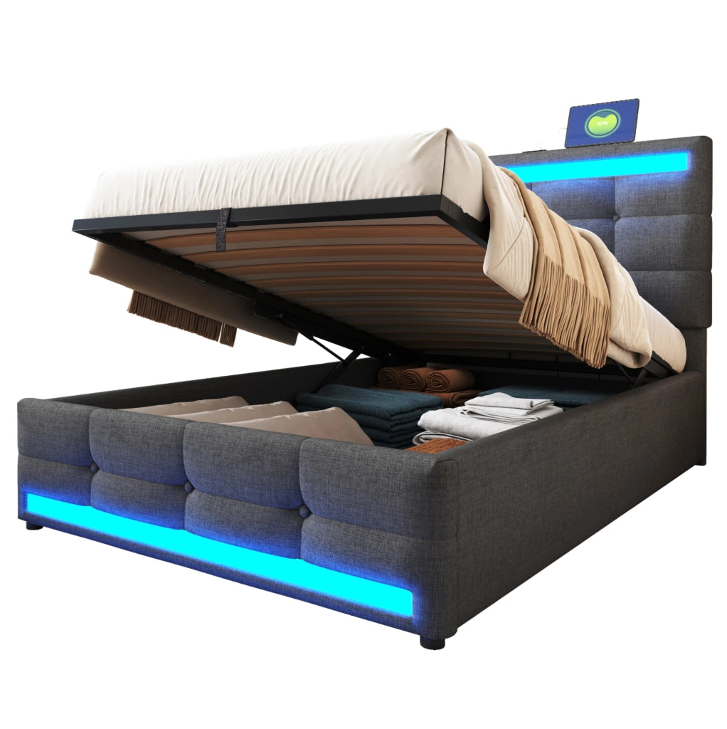 Letto imbottito LED con USB e contenitore visivo moderno