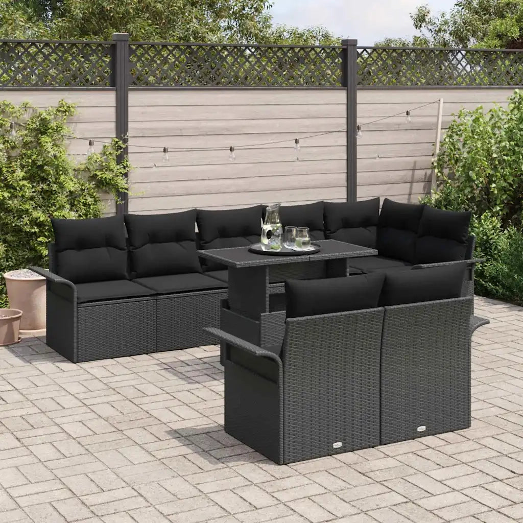 Set Divano da Giardino con cuscino 9 pcs Nero Poly Rattan