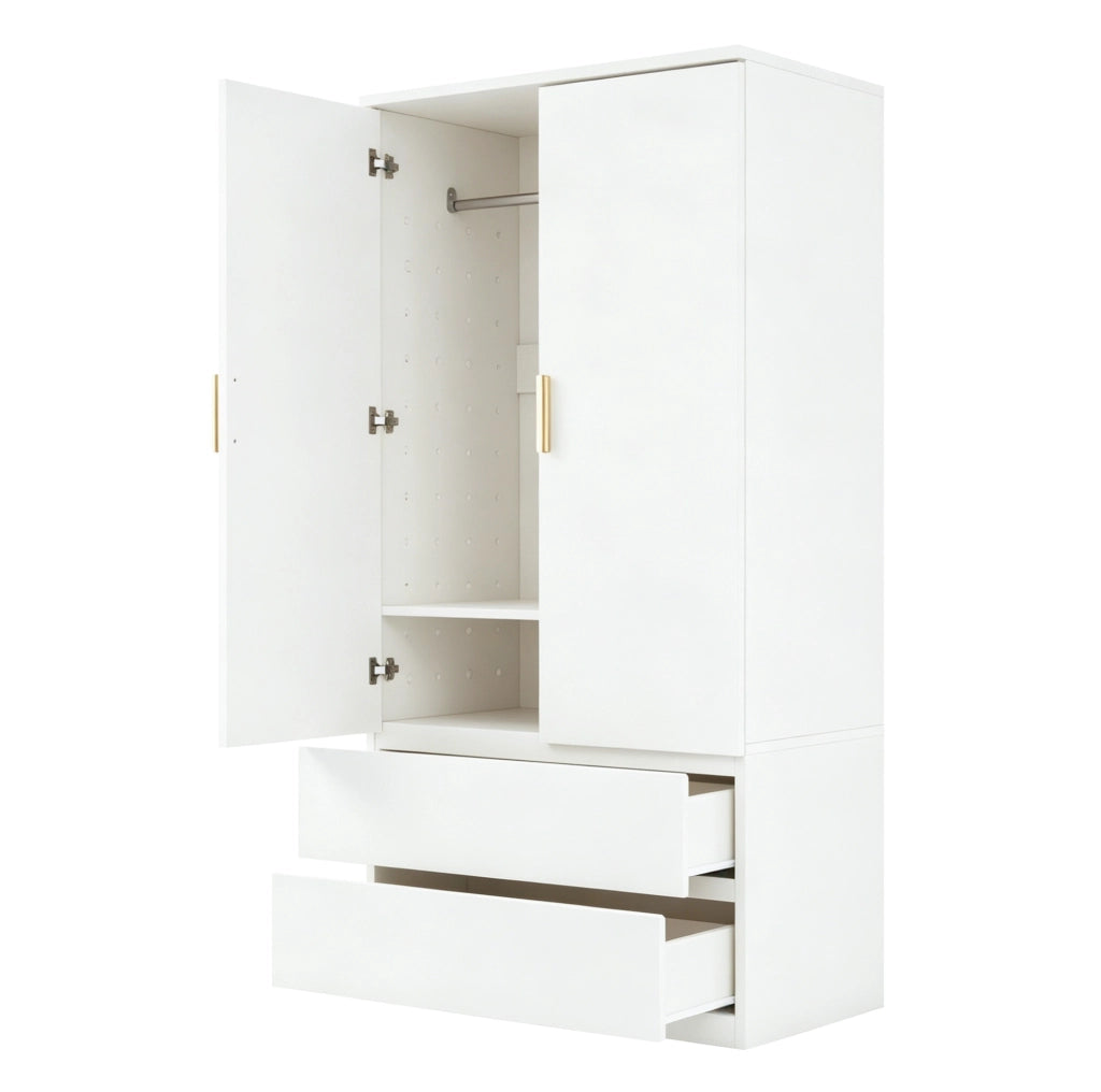 Armadio multifunzione 70x50x170 cm con 2 cassetti; vani nascosti e pannello forato bianco