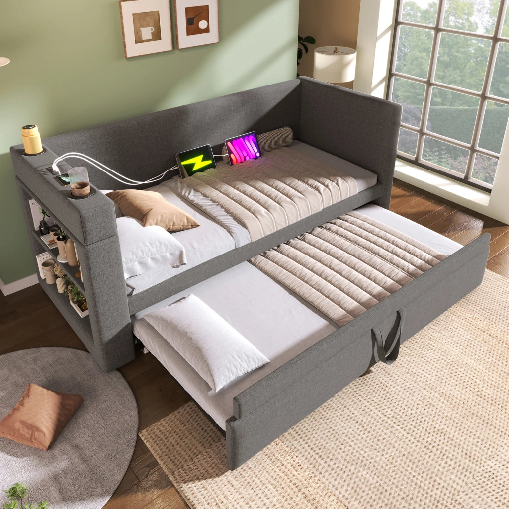 Letto con letto estraibile 90 × 190 cm con USB e Type-C portabevande braccioli reversibili cotone e lino grigio