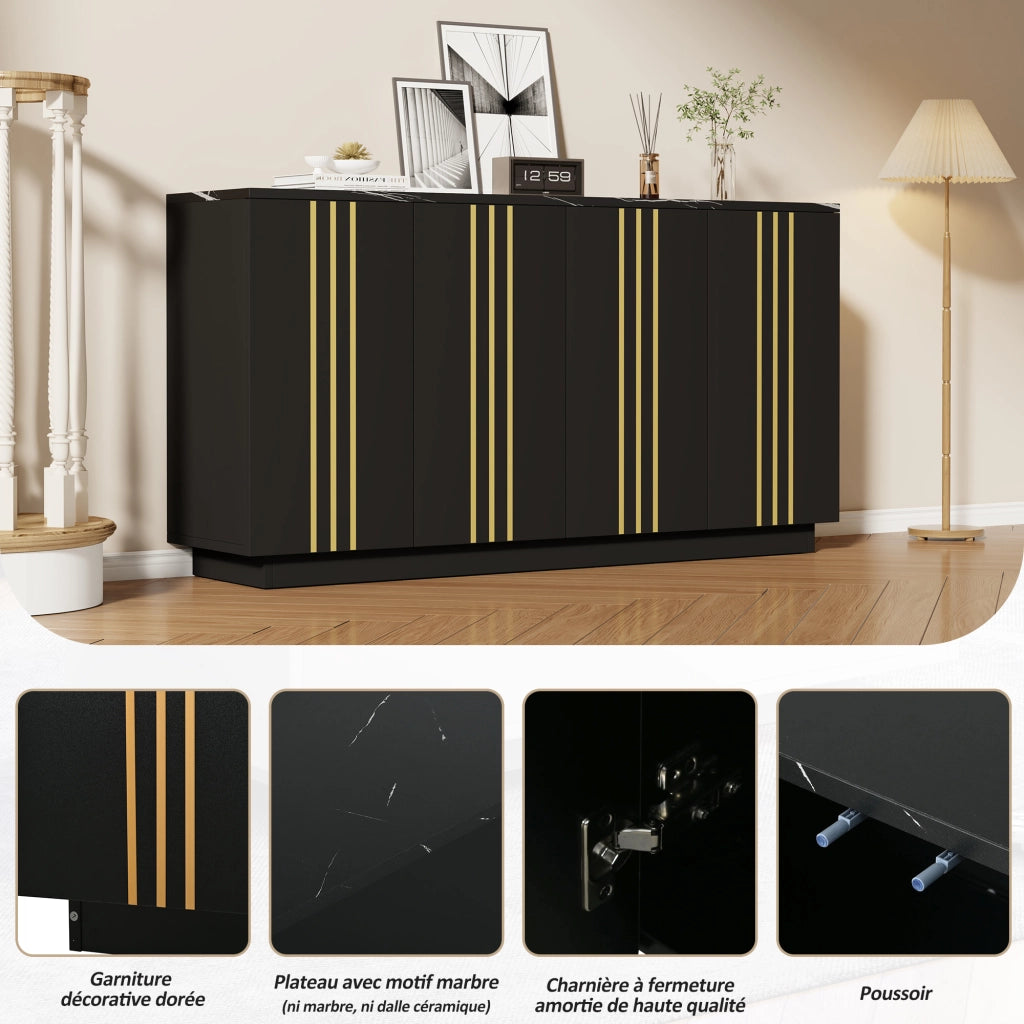 Madia con 4 ante e divisori regolabili in truciolato nero e oro con piano effetto pietra 35 × 140 × 70 cm