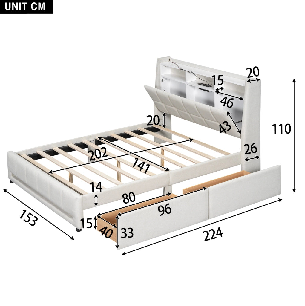 Letto imbottito 140x200 cm con cassetti, luce LED a controllo APP, tessuto lino beige, senza materasso