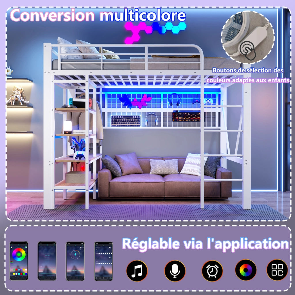 Letto a soppalco 90 × 200 cm 1 posto con LED regolabile, mensola e rete appendiabiti, senza materasso, bianco