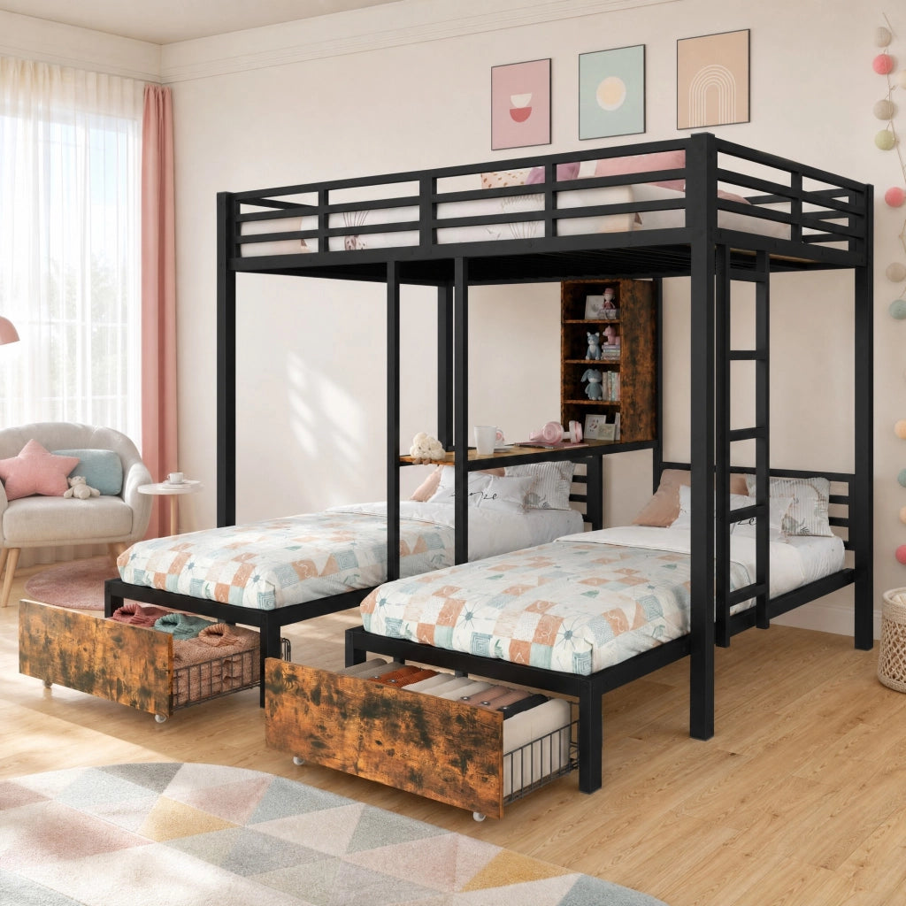 Letto a castello triplo 140x200 e 90x200 cm con cassetti e ripiani in MDF e metallo nero