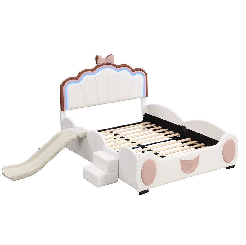 Letto per bambini 140x200 cm con design a farfalla, LED multicolore, scivolo e scala, in PU e MDF, rosa e bianco