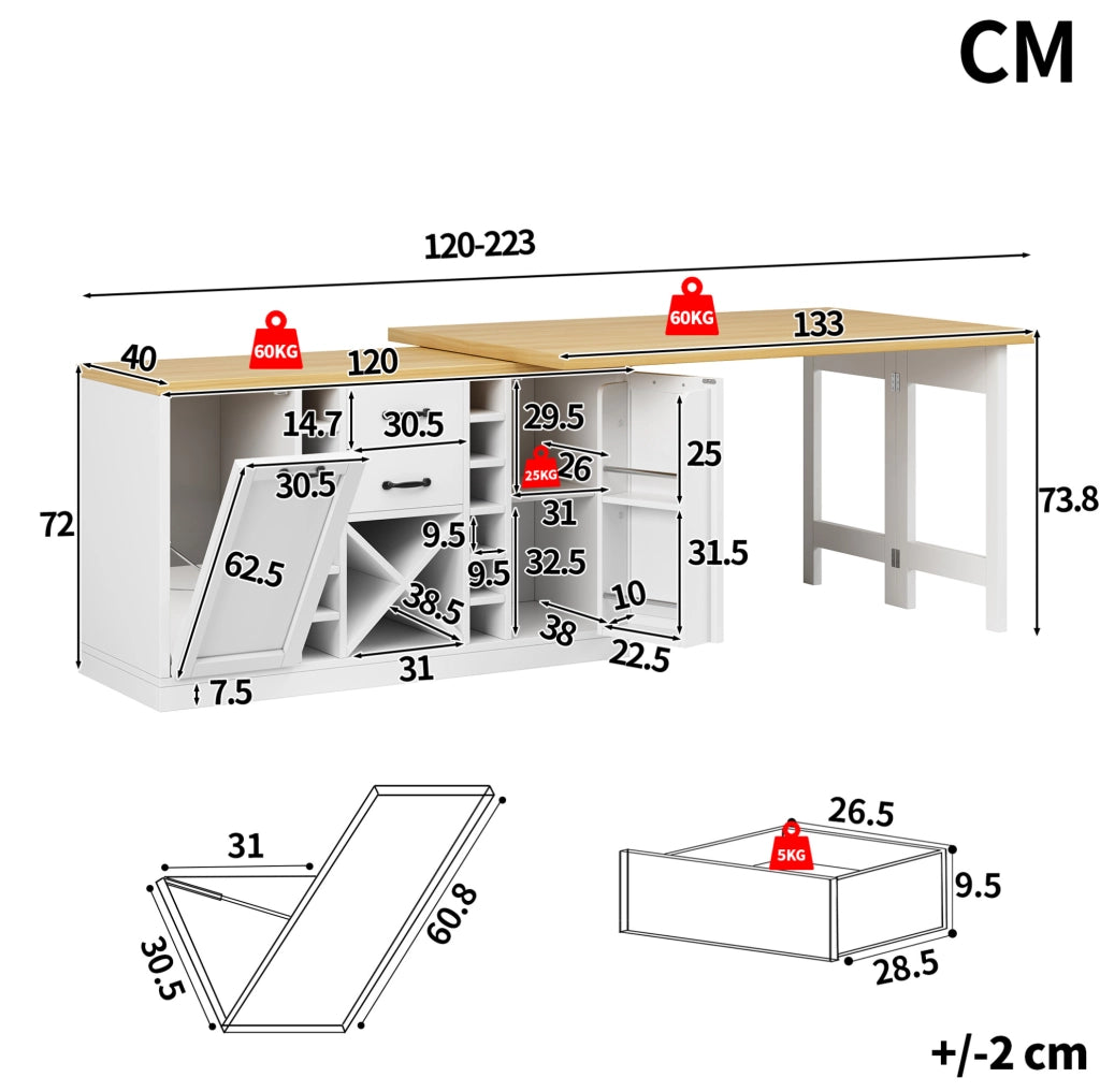 Isola cucina girevole 360° con tavolo 120-223x40x73;8 cm; MDF bianco e metallo